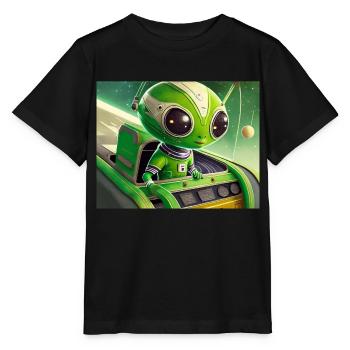 mignon petit extraterrestre rétro vintage vert volant un OVNI - T-shirt bio MINI CREATOR Stanley/Stella Enfant - noir - Devant - Mikhail (115cm)