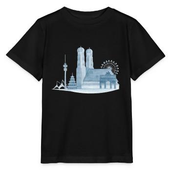 München Skyline - Handgemaltes Aquarell - Stanley/Stella Kinder T-Shirt MINI CREATOR  - Schwarz - Vorne - Mikhail (115cm)