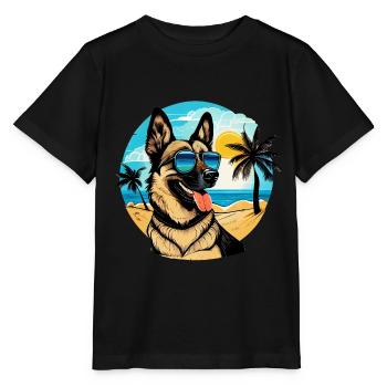 Schäferhund am Strand mit Sonnenbrille - Stanley/Stella Kinder T-Shirt MINI CREATOR  - Schwarz - Vorne - Mikhail (115cm)