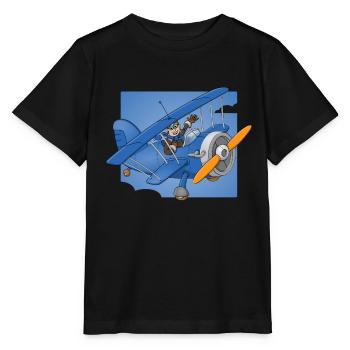 Cheerful pilot in a blue plane. - Stanley/Stella MINI CREATOR Kids’ T-Shirt - black - Front - Mikhail (115cm)
