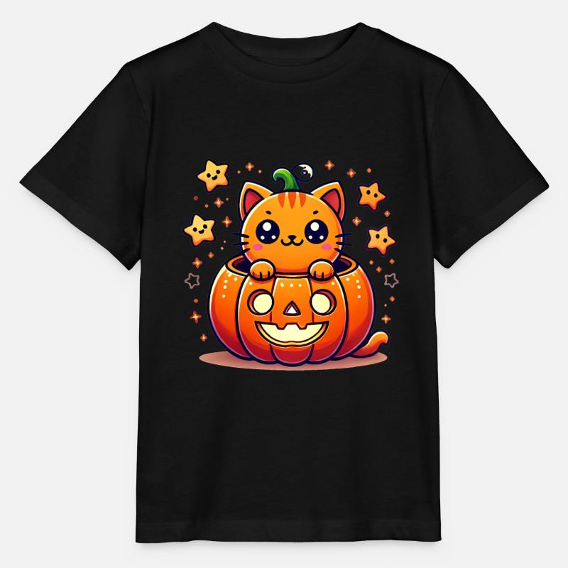 Chat mignon d’Halloween en citrouille - T-shirt bio MINI CREATOR Stanley/Stella Enfant - noir
