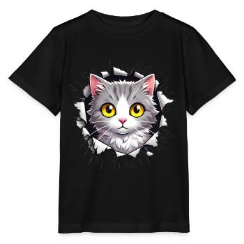 Peeking Cat Through Jagged Hole - Stanley/Stella MINI CREATOR Kids’ T-Shirt - black - Front - Mikhail (115cm)