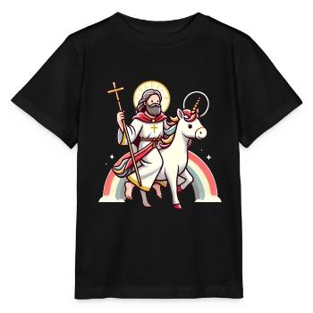 Saint Riding Enhjørning Tegneserie Design - Stanley/Stella T-shirt MINI CREATOR til børn - sort - Foran - Mikhail (115cm)