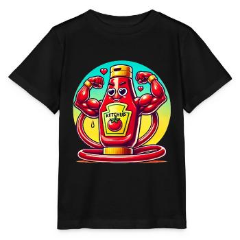 Muskulöse Ketchupflasche biegt sich - Stanley/Stella Kinder T-Shirt MINI CREATOR  - Schwarz - Vorne - Mikhail (115cm)