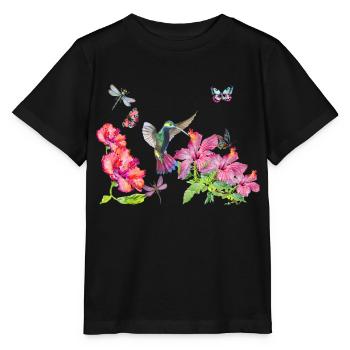Hummingbird, dragonflies, butterflies and hibiscus - Stanley/Stella MINI CREATOR Kids’ T-Shirt - black - Front - Mikhail (115cm)