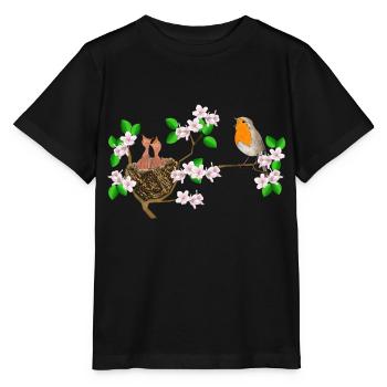 Rotkehlchen, Nest, Kirschblüten - Stanley/Stella Kinder T-Shirt MINI CREATOR  - Schwarz - Vorne - Mikhail (115cm)