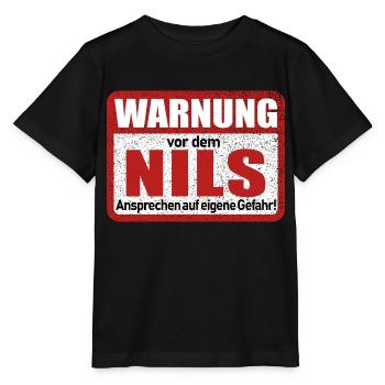 Nils Name Lustiges Warnschild - Stanley/Stella Kinder T-Shirt MINI CREATOR  - Schwarz - Vorne - Mikhail (115cm)