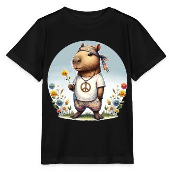 Capybara Hippie Peace - Stanley/Stella Kinder T-Shirt MINI CREATOR  - Schwarz - Vorne - Mikhail (115cm)