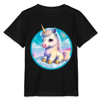 Sitzendes Baby-Einhorn in Wolken - Stanley/Stella Kinder T-Shirt MINI CREATOR  - Schwarz - Vorne - Mikhail (115cm)