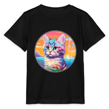 Bambino Chat Race Aquarelle Dessin Animé Kawaii Animal De Compagnie - T-shirt bio MINI CREATOR Stanley/Stella Enfant - noir - Devant - Mikhail (115cm)