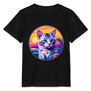 Australian Spotted Mist Cat Watercolor Cartoon Pet - Stanley/Stella MINI CREATOR Kids’ T-Shirt - black - Front - Mikhail (115cm)