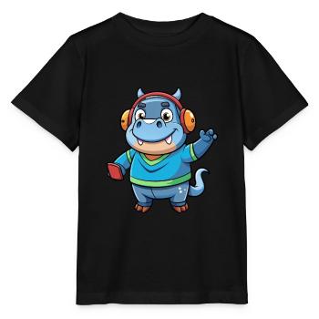Nilpferd Lustige Zeichentrickfigur Kopfhörer Musik - Stanley/Stella Kinder T-Shirt MINI CREATOR  - Schwarz - Vorne - Mikhail (115cm)