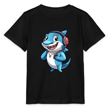 Shark Funny Cartoon Character Headphone Music - Stanley/Stella MINI CREATOR Kids’ T-Shirt - black - Front - Mikhail (115cm)