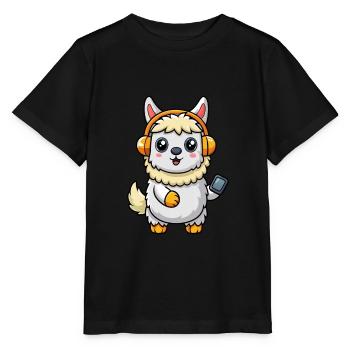 Alpaka Lustige Zeichentrickfigur Kopfhörer Musik - Stanley/Stella Kinder T-Shirt MINI CREATOR  - Schwarz - Vorne - Mikhail (115cm)