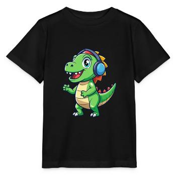Dinosaur Funny Cartoon Character Headphone Music - Stanley/Stella MINI CREATOR Kids’ T-Shirt - black - Front - Mikhail (115cm)