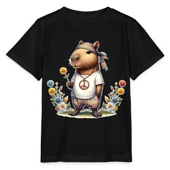Capybara Hippie Peace - Stanley/Stella Kinder T-Shirt MINI CREATOR  - Schwarz - Vorne - Mikhail (115cm)