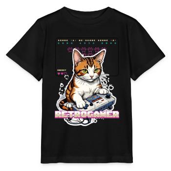 Retro Gaming Cat: Retrogamer with Controller - Stanley/Stella MINI CREATOR Kids’ T-Shirt - black - Front - Mikhail (115cm)