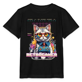 Retro Gaming Cat: Retrogamer with Controller - Stanley/Stella MINI CREATOR Kids’ T-Shirt - black - Front - Mikhail (115cm)