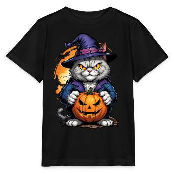 Chat d’Halloween avec citrouille - T-shirt bio MINI CREATOR Stanley/Stella Enfant - noir - Devant - Mikhail (115cm)