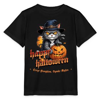 Chat d’Halloween avec citrouille - T-shirt bio MINI CREATOR Stanley/Stella Enfant - noir - Devant - Mikhail (115cm)