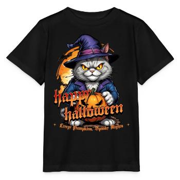 Chat d’Halloween avec citrouille - T-shirt bio MINI CREATOR Stanley/Stella Enfant - noir - Devant - Mikhail (115cm)