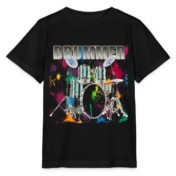 Drummer Art Design Silver Text - Stanley/Stella Kinder T-Shirt MINI CREATOR  - Schwarz - Vorne - Mikhail (115cm)