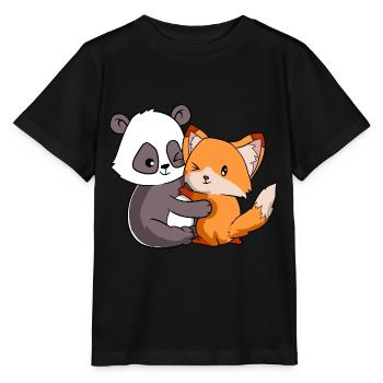 Fox Panda Forest Wild Life Tier Umarmung Kuschelliebe - Stanley/Stella Kinder T-Shirt MINI CREATOR  - Schwarz - Vorne - Mikhail (115cm)