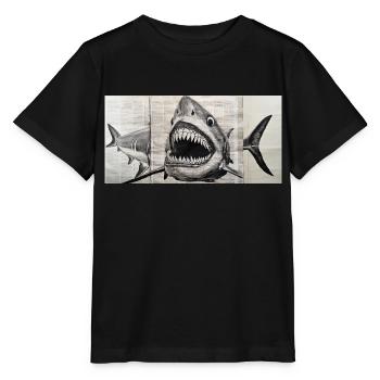 Weißer Hai - Tuschezeichnung auf altem Zeitungspapier - Stanley/Stella Kinder T-Shirt MINI CREATOR  - Schwarz - Vorne - Mikhail (115cm)