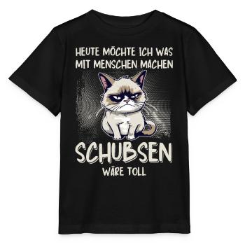 Menschen schubsen - Süße Grump Style Katze - Stanley/Stella Kinder T-Shirt MINI CREATOR  - Schwarz - Vorne - Mikhail (115cm)