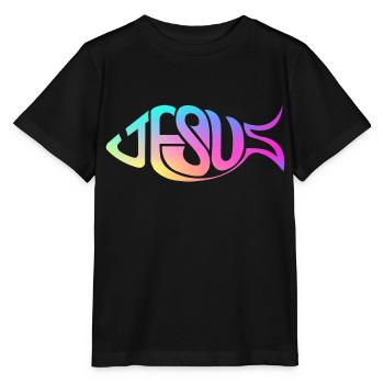 Jesus Fisch Regenbogen - Stanley/Stella Kinder T-Shirt MINI CREATOR  - Schwarz - Vorne - Mikhail (115cm)