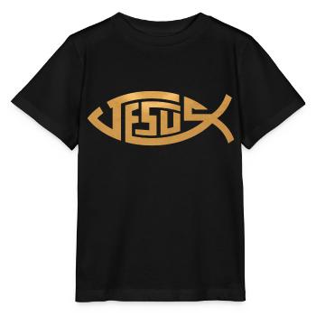 Jesus | Fisch in Gold - Stanley/Stella Kinder T-Shirt MINI CREATOR  - Schwarz - Vorne - Mikhail (115cm)
