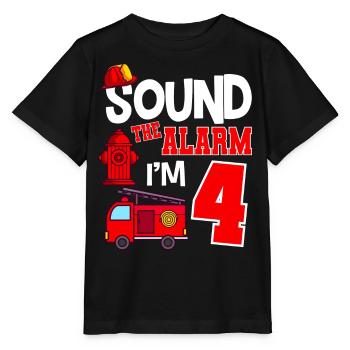 Sound The Alarm 4 years 4th birthday fire brigade - Stanley/Stella MINI CREATOR Kids’ T-Shirt - black - Front - Mikhail (115cm)