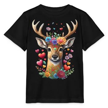 Blumen Hirsch T-Shirt Damen Trachtenshirt Mädchen - Stanley/Stella Kinder T-Shirt MINI CREATOR  - Schwarz - Vorne - Mikhail (115cm)