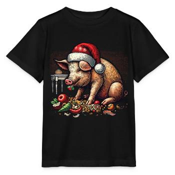 Gieriges Weihnachtsschwein Mit Mütze - Stanley/Stella Kinder T-Shirt MINI CREATOR  - Schwarz - Vorne - Mikhail (115cm)