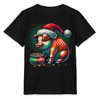 Christmas greedy pig with cap - Stanley/Stella MINI CREATOR Kids’ T-Shirt - black - Front - Mikhail (115cm)