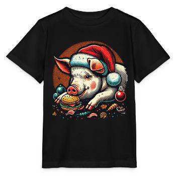 Greedy Christmas piglet in festive style - Stanley/Stella MINI CREATOR Kids’ T-Shirt - black - Front - Mikhail (115cm)