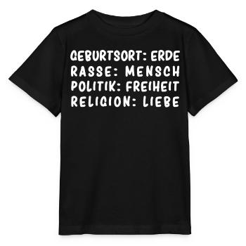 Geburtsort: Erde, Rasse: Mensch, Politik: Freiheit - Stanley/Stella Kinder T-Shirt MINI CREATOR  - Schwarz - Vorne - Mikhail (115cm)