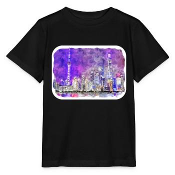 Shanghai China Aquarellskizze gezeichnete Zeichnung - Stanley/Stella Kinder T-Shirt MINI CREATOR  - Schwarz - Vorne - Mikhail (115cm)