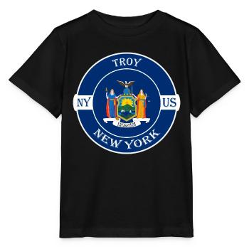 Troy New York Flagge USA Reise Souvenir Abzeichen - Stanley/Stella Kinder T-Shirt MINI CREATOR  - Schwarz - Vorne - Mikhail (115cm)