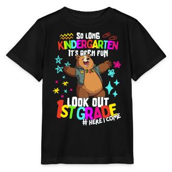 Bär Tschüss Kindergarten: Einschulung 1. Klasse - Stanley/Stella Kinder T-Shirt MINI CREATOR  - Schwarz - Vorne - Mikhail (115cm)