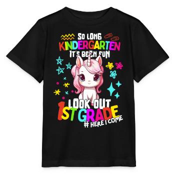 Einhorn Tschüss Kindergarten Einschulung 1. Klasse - Stanley/Stella Kinder T-Shirt MINI CREATOR  - Schwarz - Vorne - Mikhail (115cm)