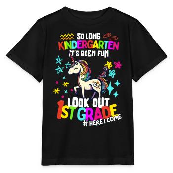 Einhorn Tschüss Kindergarten Einschulung 1. Klasse - Stanley/Stella Kinder T-Shirt MINI CREATOR  - Schwarz - Vorne - Mikhail (115cm)