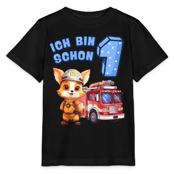 1. Geburtstag Jungen Fuchs Feuerwehrauto 1 Jahr - Stanley/Stella Kinder T-Shirt MINI CREATOR  - Schwarz - Vorne - Mikhail (115cm)
