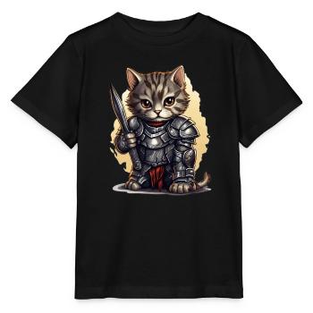 Cat in Knight Equipment with Dagger, AI Gene - Stanley/Stella MINI CREATOR Kids’ T-Shirt - black - Front - Mikhail (115cm)