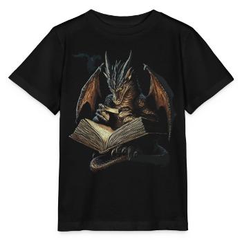 Dark Dragon with Book – Mystical Fantasy - Stanley/Stella MINI CREATOR Kids’ T-Shirt - black - Front - Mikhail (115cm)