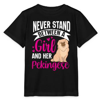 Mädchen und ihr Pekinese Peking-Palasthund - Stanley/Stella Kinder T-Shirt MINI CREATOR  - Schwarz - Vorne - Mikhail (115cm)