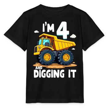 4th Birthday, 4 Year Old Boy, Truck & Construction Site - Stanley/Stella MINI CREATOR Kids’ T-Shirt - black - Front - Mikhail (115cm)