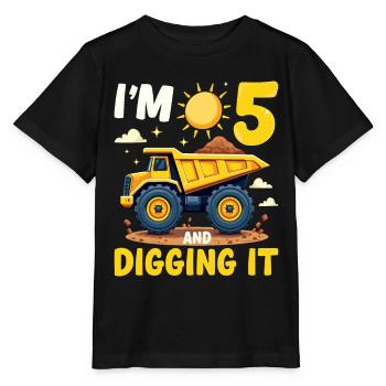 5th Birthday, 5 Year Old Boy, Truck & Construction Site - Stanley/Stella MINI CREATOR Kids’ T-Shirt - black - Front - Mikhail (115cm)