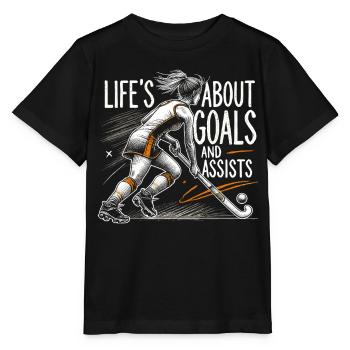 Feldhockey, Feldhockeyspielerin Life's About Goals - Stanley/Stella Kinder T-Shirt MINI CREATOR  - Schwarz - Vorne - Mikhail (115cm)