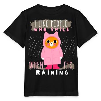 Cat in the rain, raincoat, rubber boots, saying - Stanley/Stella MINI CREATOR Kids’ T-Shirt - black - Front - Mikhail (115cm)